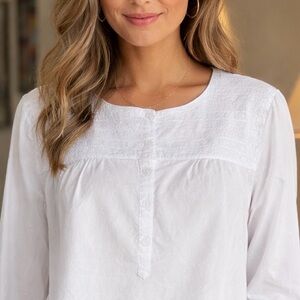 Crisp 💯 % Cotton Henley Blouse with Embroidered Yoke Detail